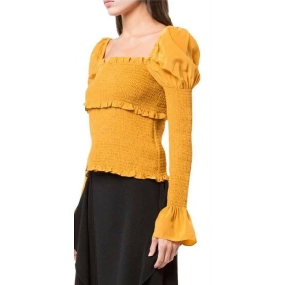 EUC Cinq a Sept 100% Silk Ellis Puff Shoulder Smocked Marigold Yellow Blouse XS‍ - Picture 9 of 11